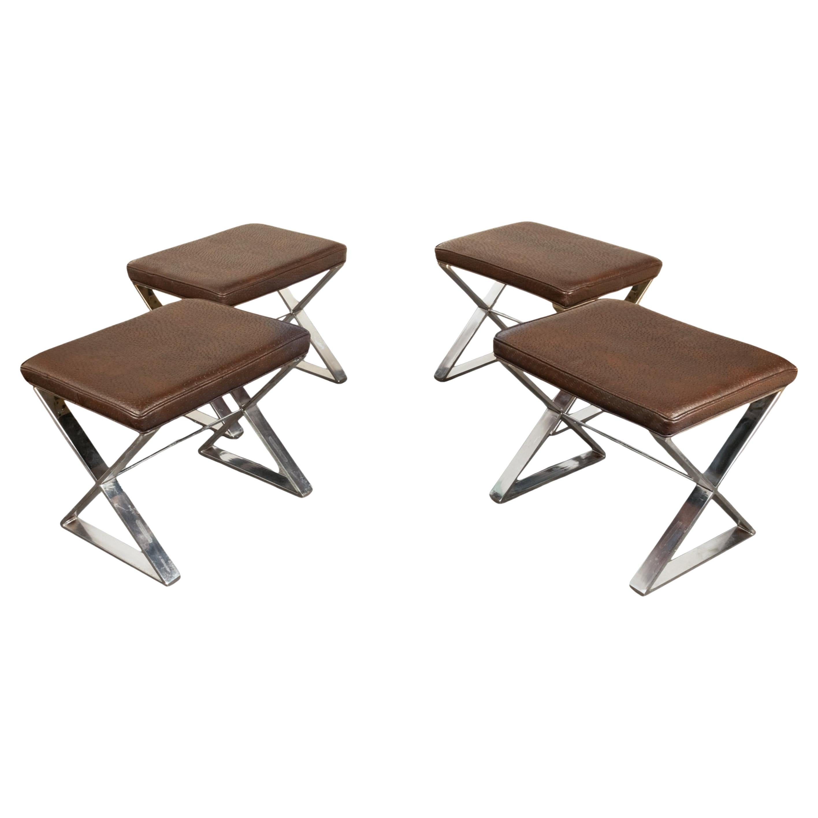 Mid Century Modern Milo Baughman Thayer Coggin Ostrich Leather 4 Chrome Stools
