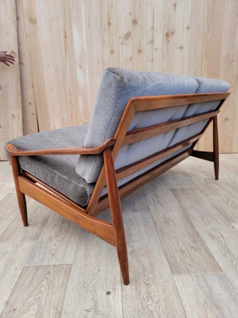 Mid-Century Modern Milo Baughman walnut frame settee for Thayer Coggin newly upholstered in a high end plush 