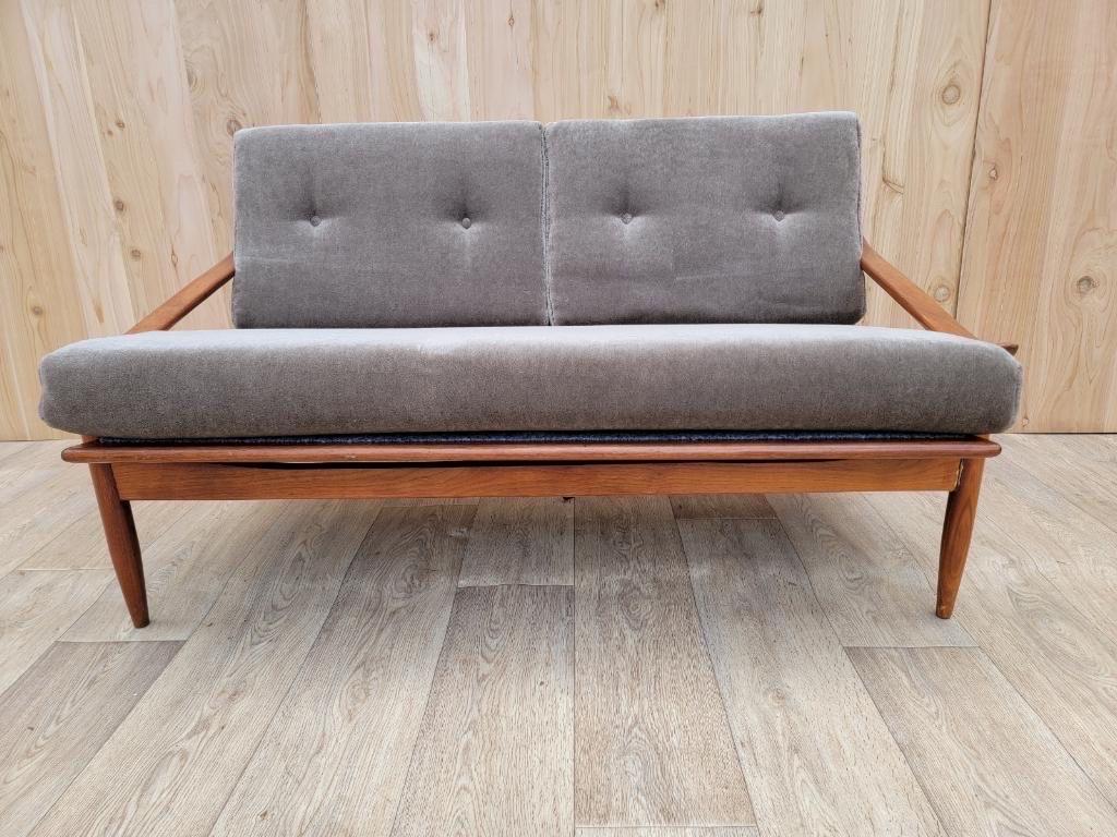 Mid-Century Modern Milo Baughman Walnut Frame Settee/Sofa Newly Upholstered 1