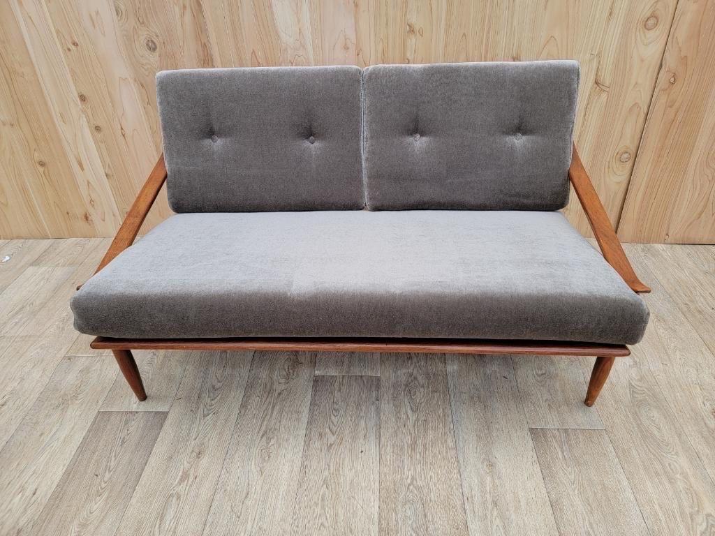 Mid-Century Modern Milo Baughman Walnut Frame Settee/Sofa Newly Upholstered 2