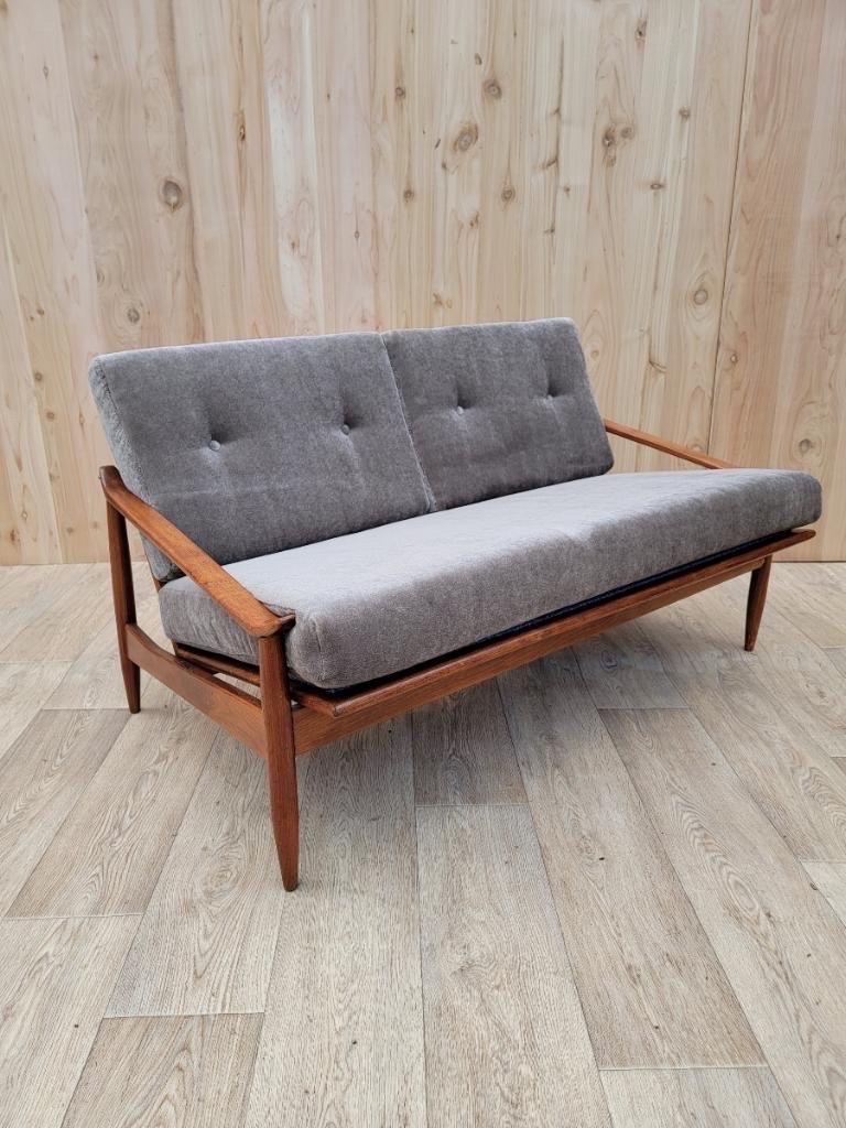 Mid-Century Modern Milo Baughman Walnut Frame Settee/Sofa Newly Upholstered 3