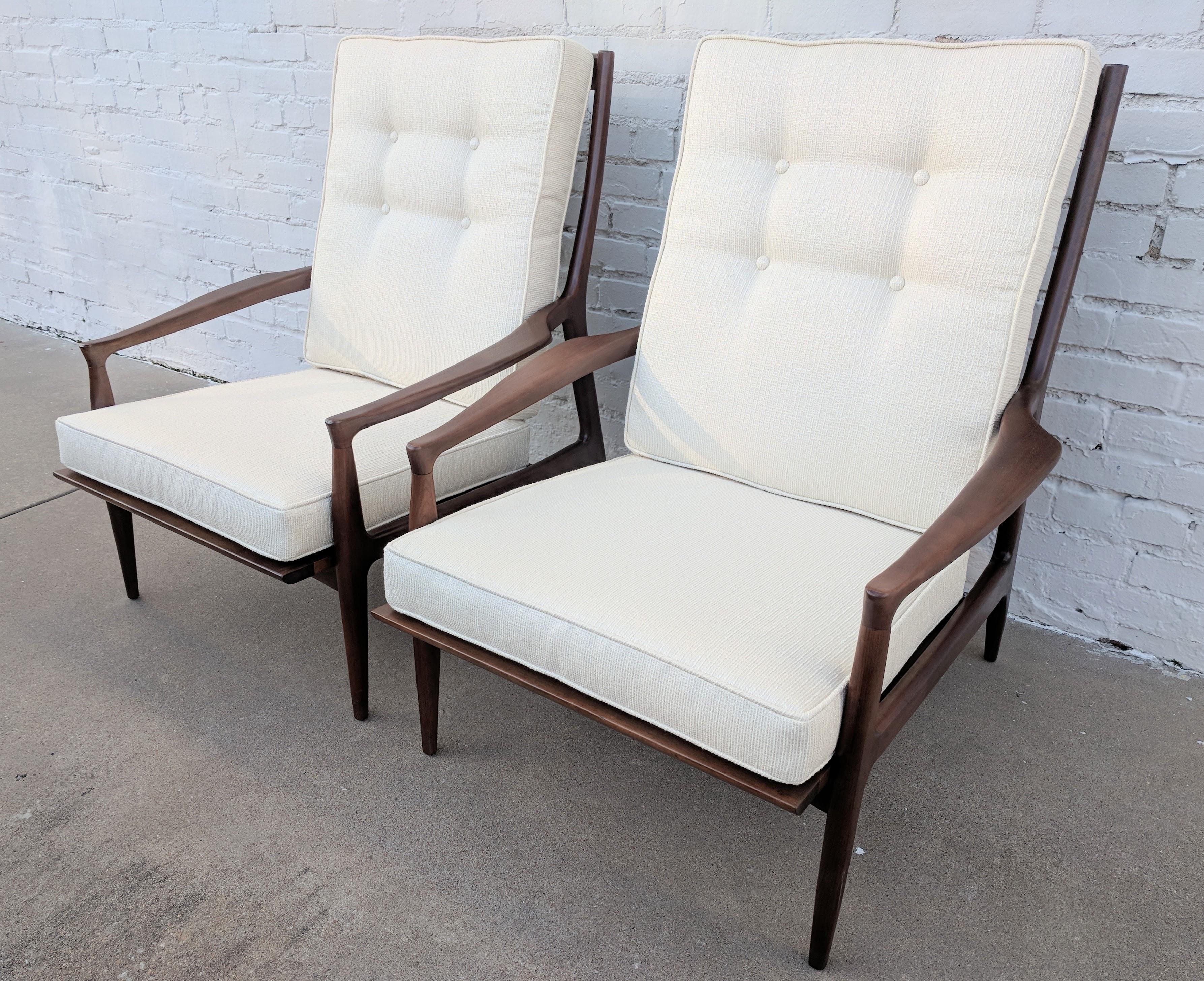 Upholstery Mid Century Modern Milo Baughman Walnut Lounge Chairs For Sale