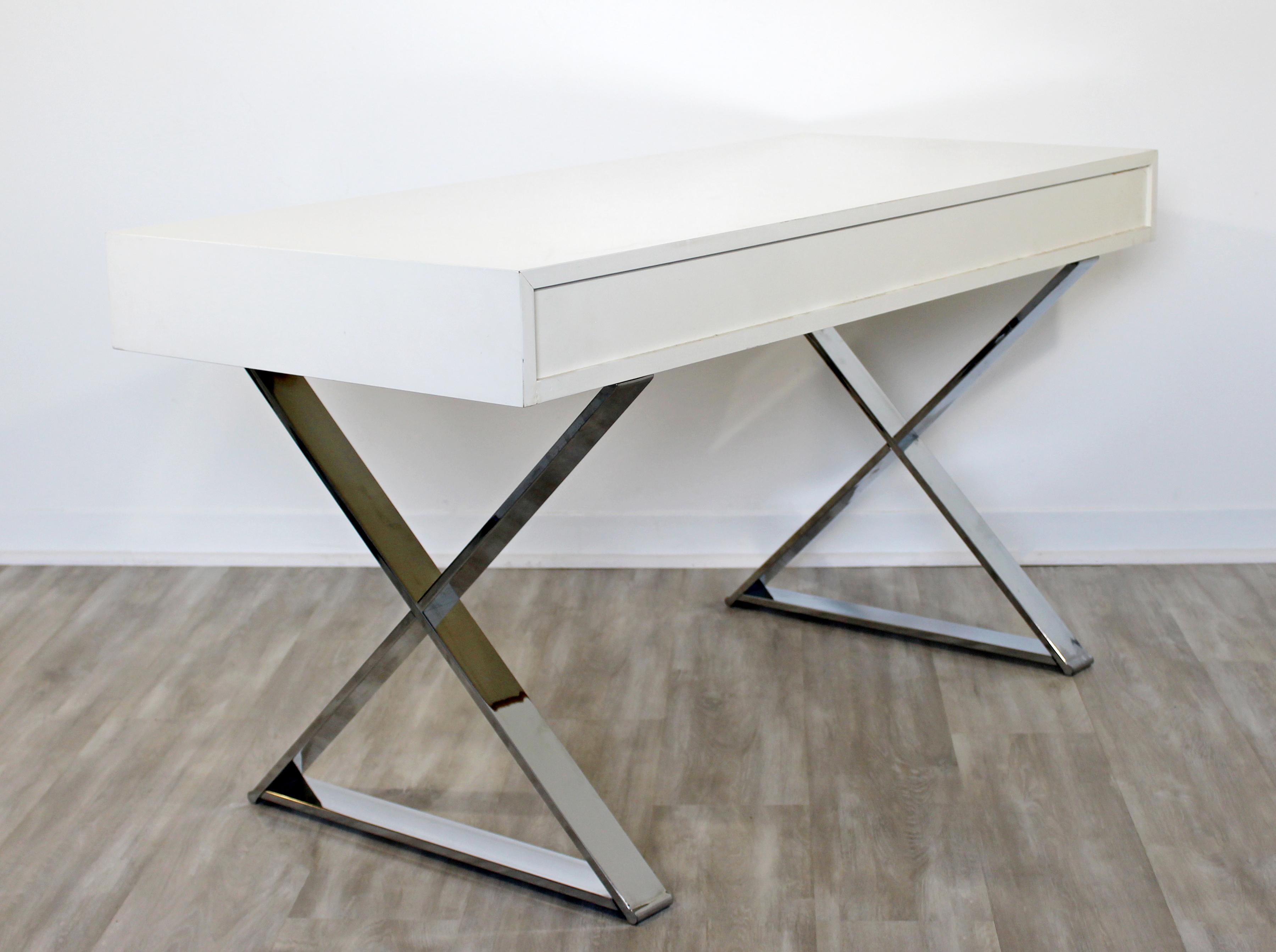 Mid-Century Modern Milo Baughman White Lacquer Chrome X Base Campaign Desk 1960s 4