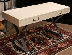 Mid-Century Modern Milo Baughman White Lacquer Chrome X Base Campaign Desk 1960s