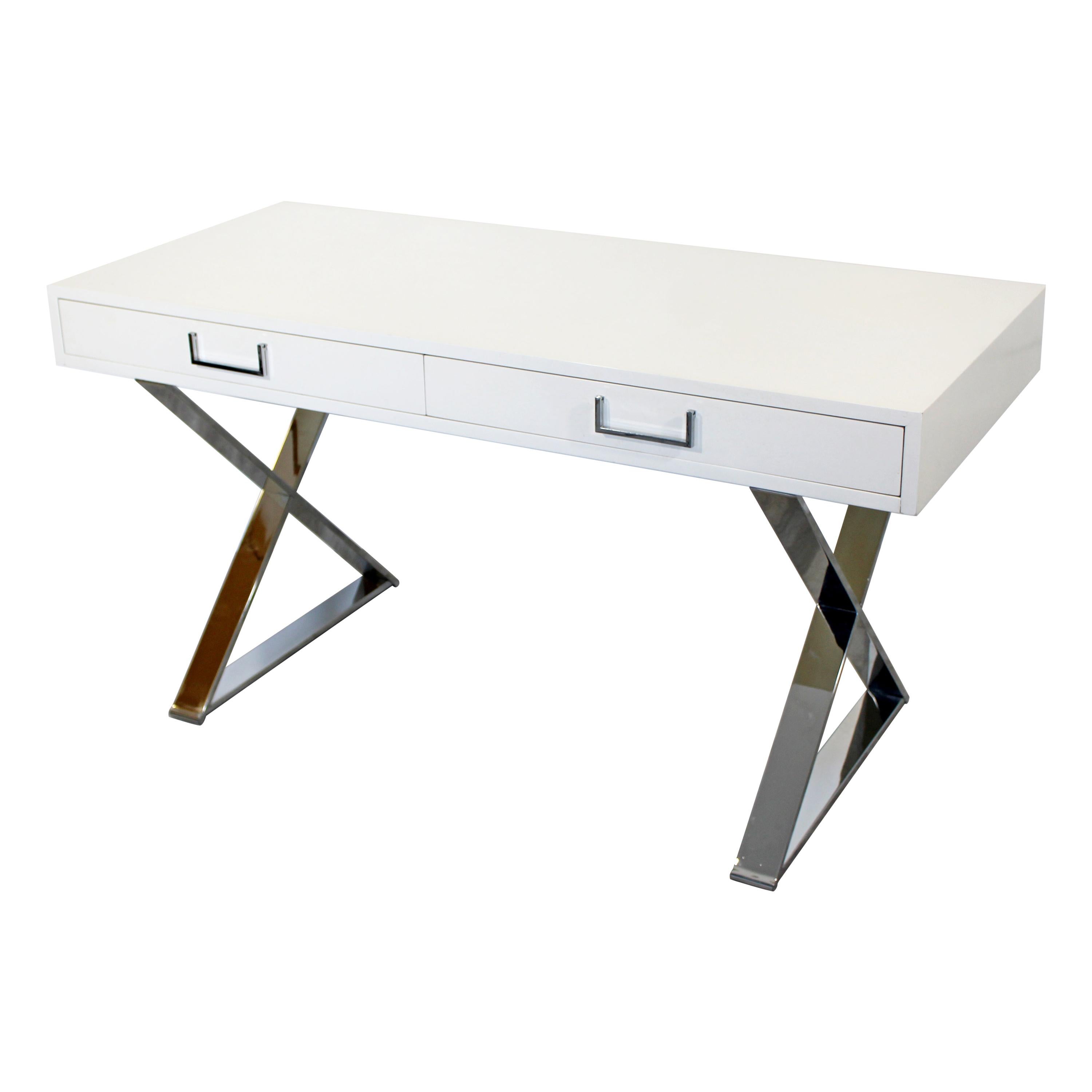 Mid-Century Modern Milo Baughman White Lacquer Chrome X Base Campaign Desk 1960s