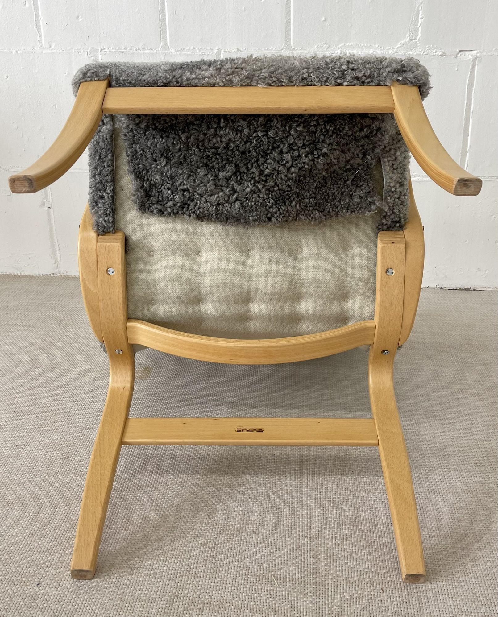 Bruno Mathsson, Mid-Century Modern, Mina Arm Chair, Grey Shearling, Pine, Sweden For Sale 4