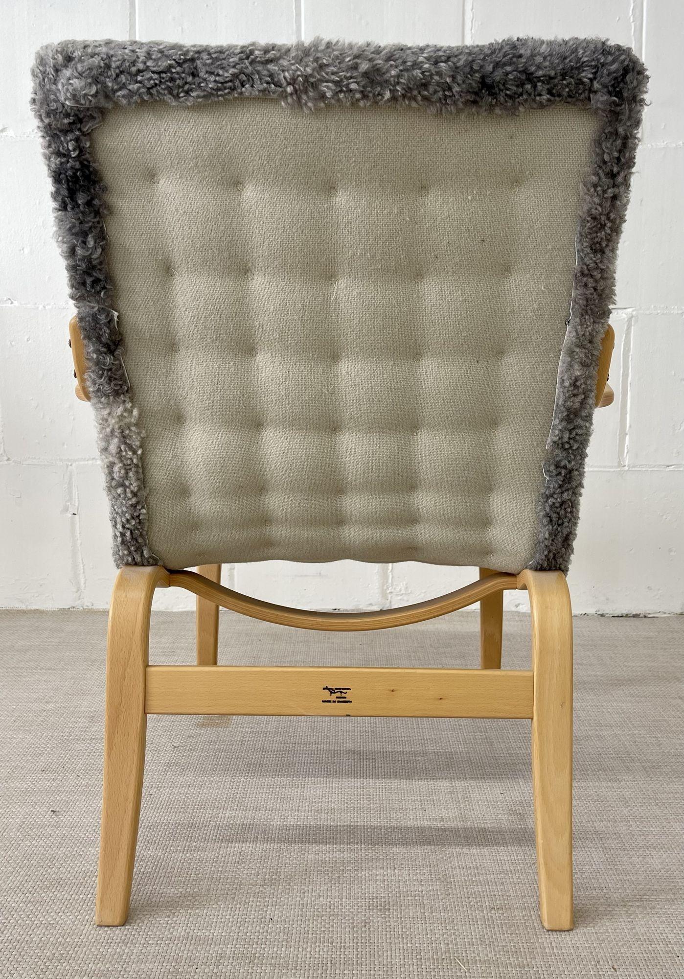 Bruno Mathsson, Mid-Century Modern, Mina Arm Chair, Grey Shearling, Pine, Sweden For Sale 6