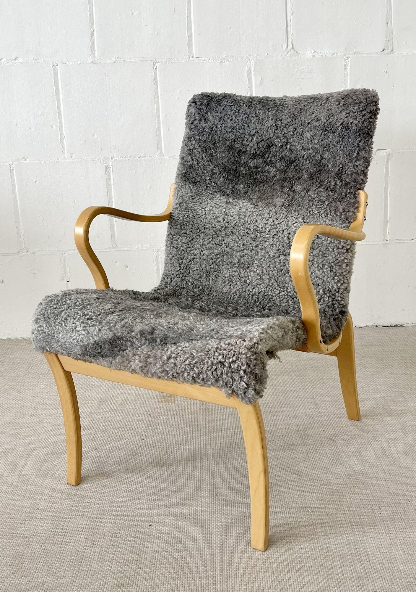 Swedish Bruno Mathsson, Mid-Century Modern, Mina Arm Chair, Grey Shearling, Pine, Sweden For Sale