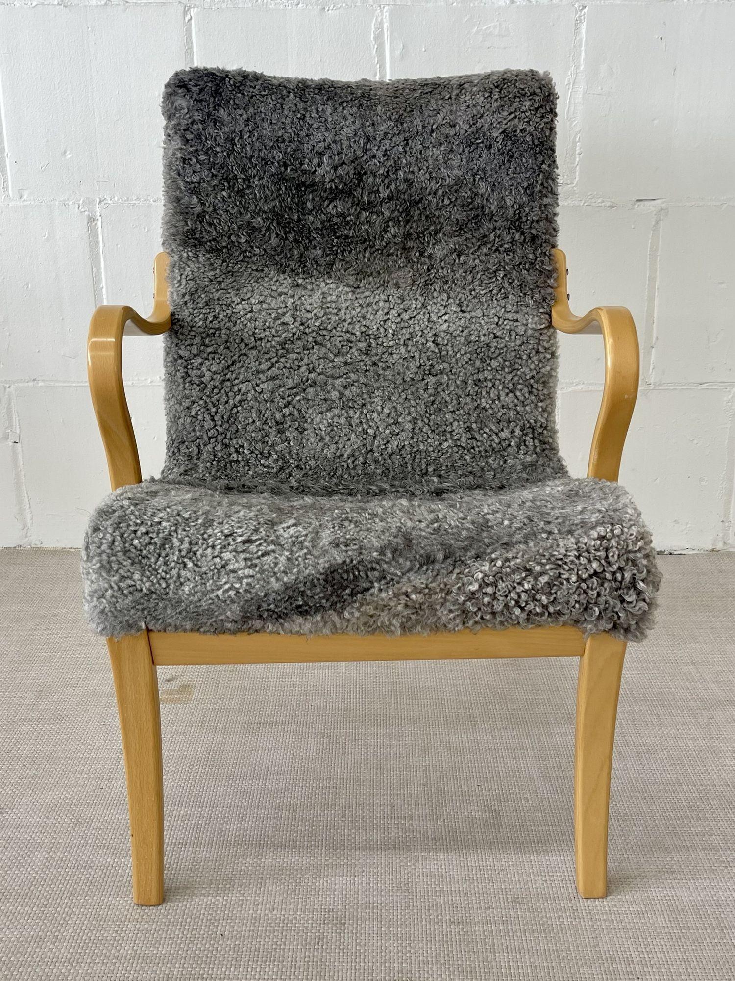 20th Century Bruno Mathsson, Mid-Century Modern, Mina Arm Chair, Grey Shearling, Pine, Sweden For Sale