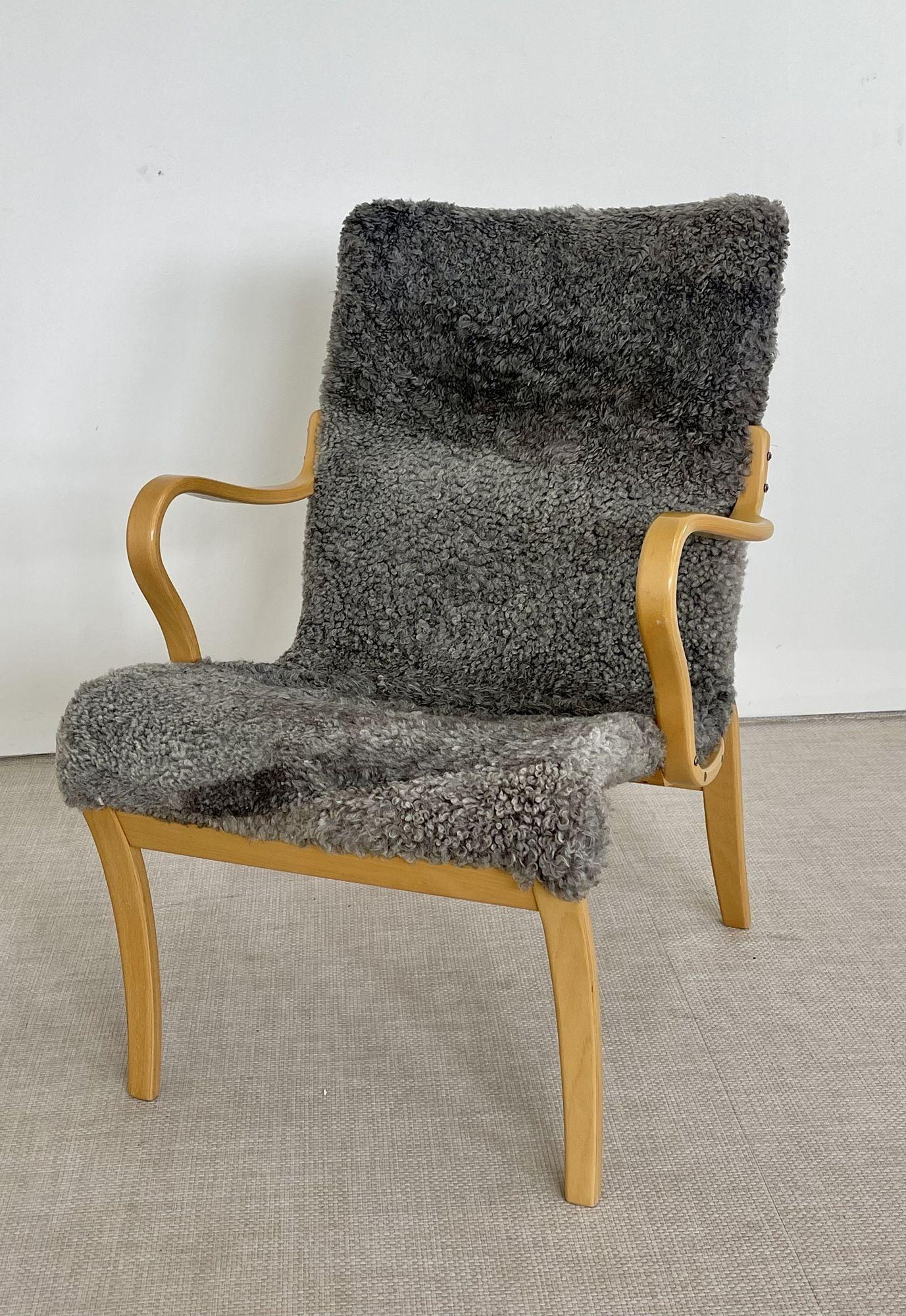 Sheepskin Bruno Mathsson, Mid-Century Modern, Mina Arm Chair, Grey Shearling, Pine, Sweden For Sale