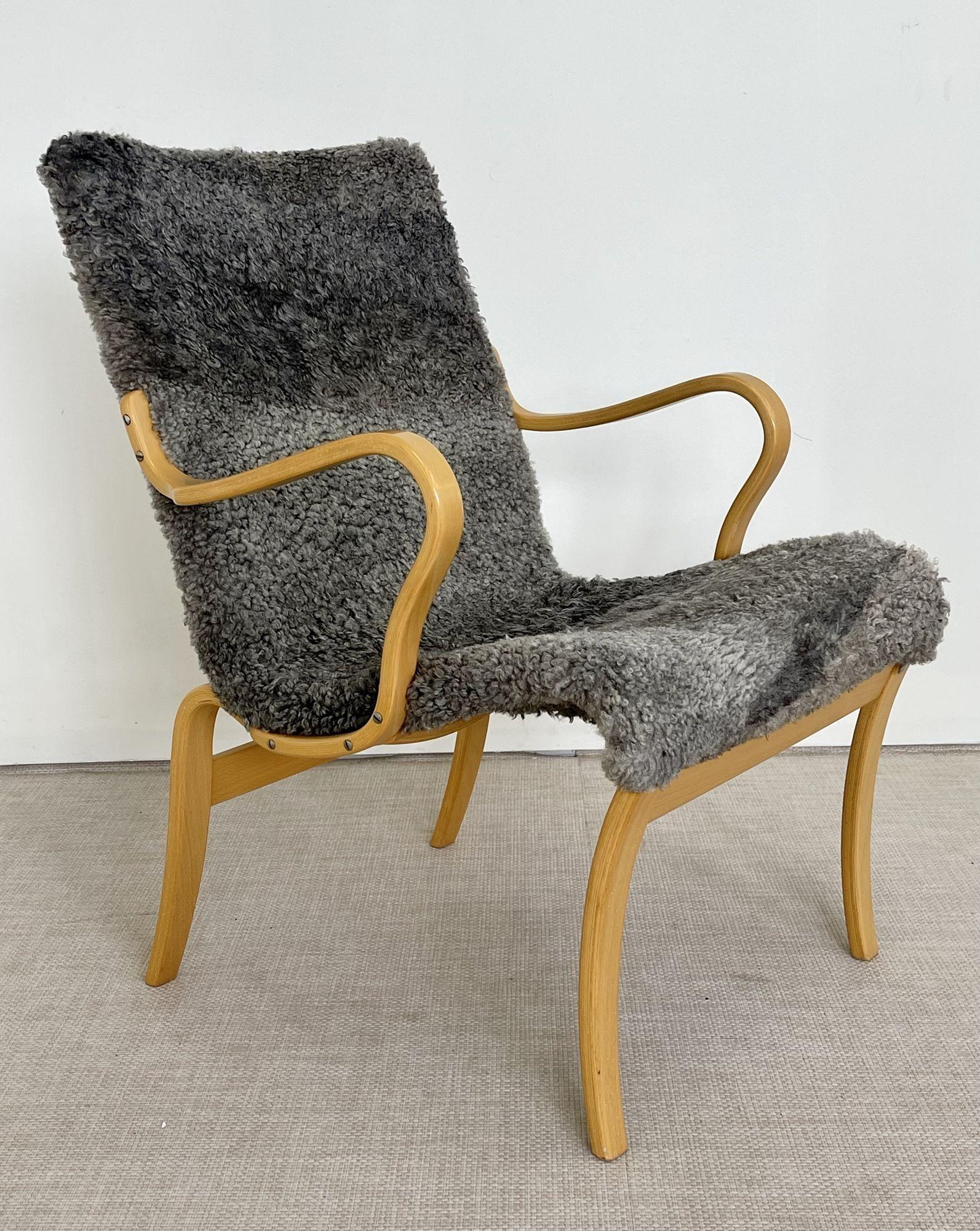 Bruno Mathsson, Mid-Century Modern, Mina Arm Chair, Grey Shearling, Pine, Sweden For Sale 1