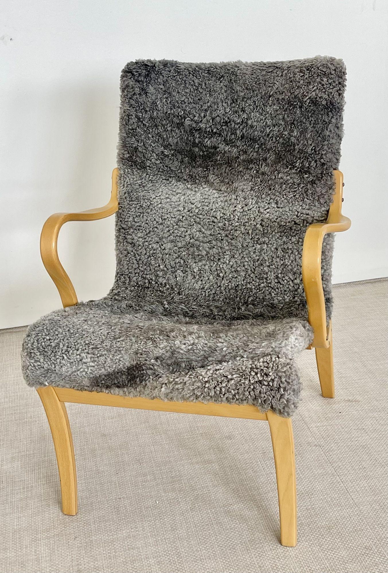 Bruno Mathsson, fauteuil Mina, moderne du milieu du siècle, en peau de mouton grise, Suède en vente 1