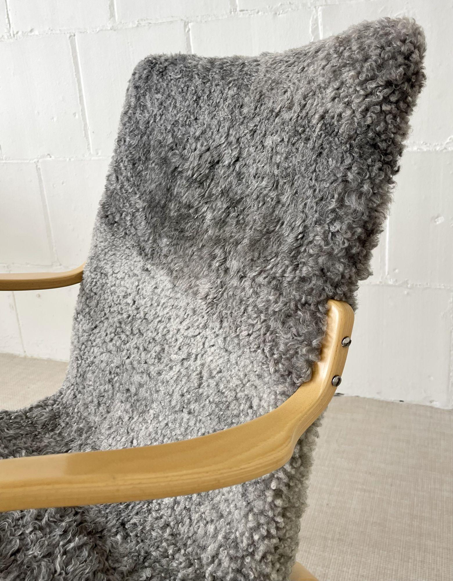 Bruno Mathsson, Mid-Century Modern, Mina Arm Chair, Grey Shearling, Pine, Sweden For Sale 3