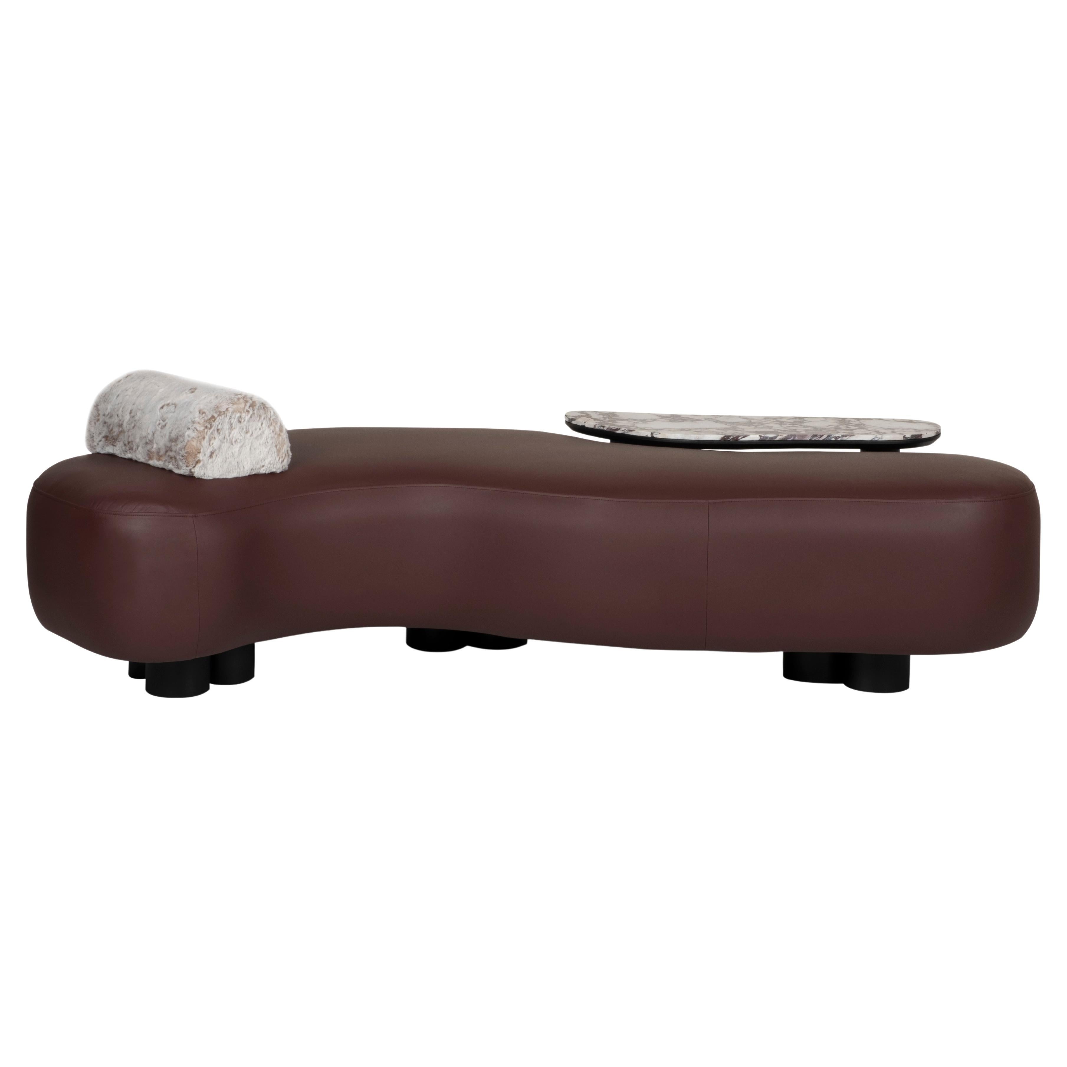 Cama de Día Minho Moderna de Mitad de Siglo, Piel, Calacatta Viola, Manzana Verde Hecha a Mano