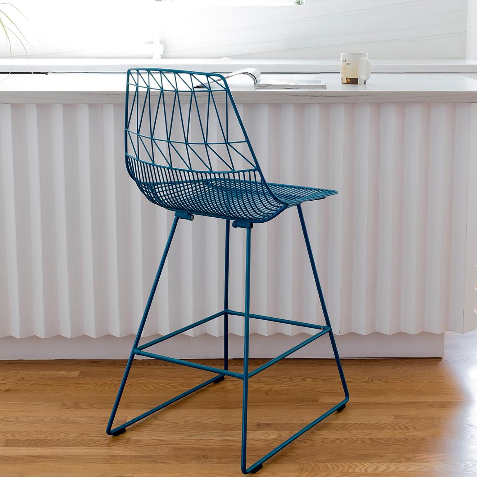 Unknown Mid-Century Modern, Minimalist Counter Wire Stool, in Peacock Blue