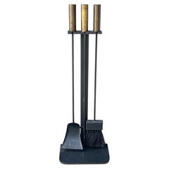 Mid-Century Modern Minimalist Fireplace Tool Set in Blackened Steel and Brass