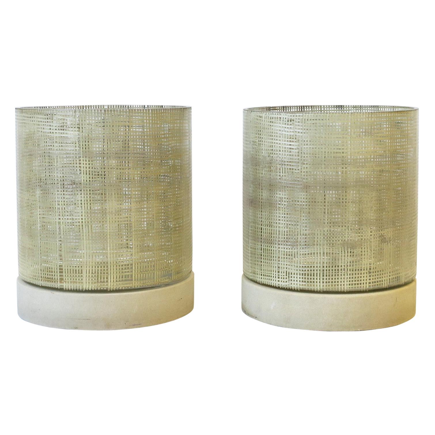 Hurricane Stone and Glass Candle Lamps, Pair