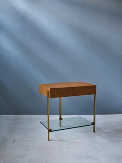 Mid-Century Modern Minimalist Patinated Brass, Oakwood, & Glass Side Table
