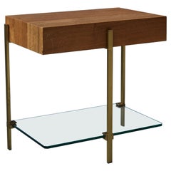 Mid-Century Modern Minimalist Patinated Brass, Oakwood, 
Glass Side Table