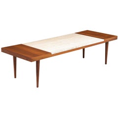 Mid-Century Modern Minimalist Walnut and Italian Travertine Coffee Table