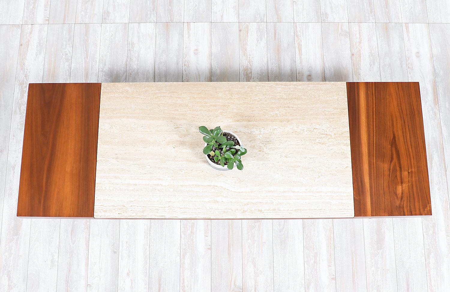 American Mid-Century Modern Minimalist Walnut and Italian Travertine Coffee Table