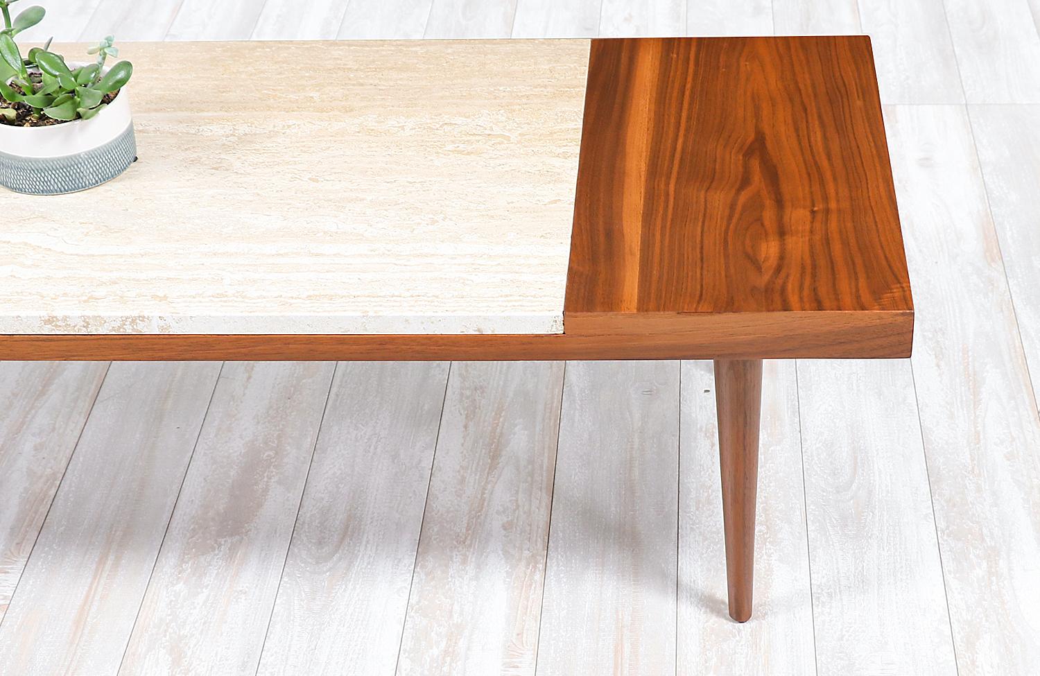Mid-Century Modern Minimalist Walnut and Italian Travertine Coffee Table In Excellent Condition In Los Angeles, CA