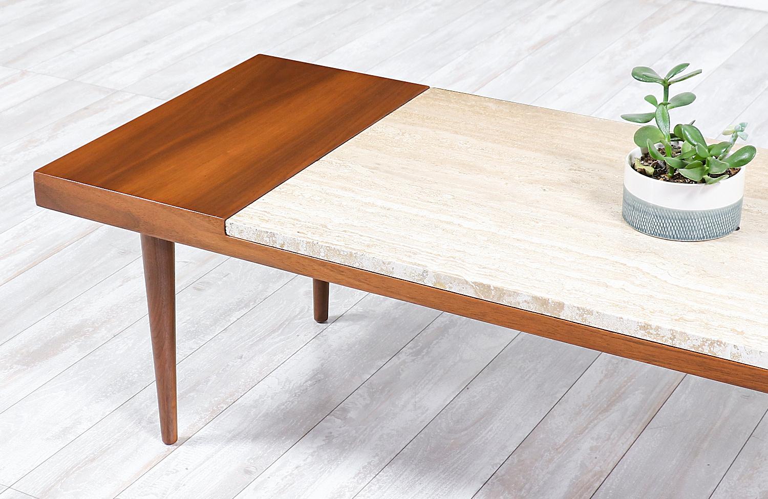 Mid-20th Century Mid-Century Modern Minimalist Walnut and Italian Travertine Coffee Table