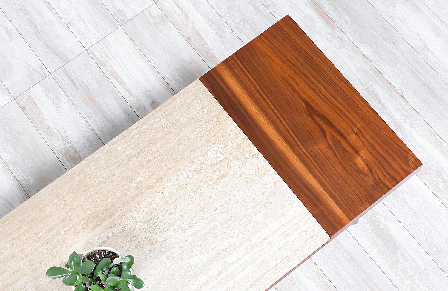 Mid-Century Modern Minimalist Walnut and Italian Travertine Coffee Table 1