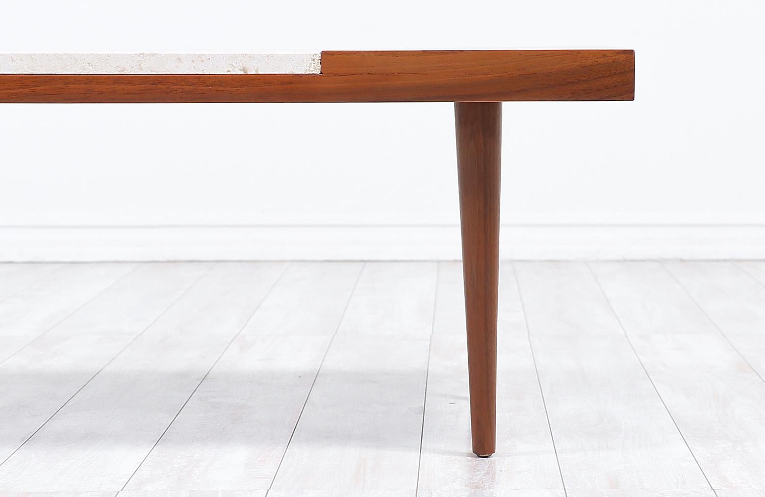 Mid-Century Modern Minimalist Walnut and Italian Travertine Coffee Table 2