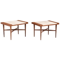 Mid-Century Modern Minimalist Walnut and Italian Travertine Side Tables