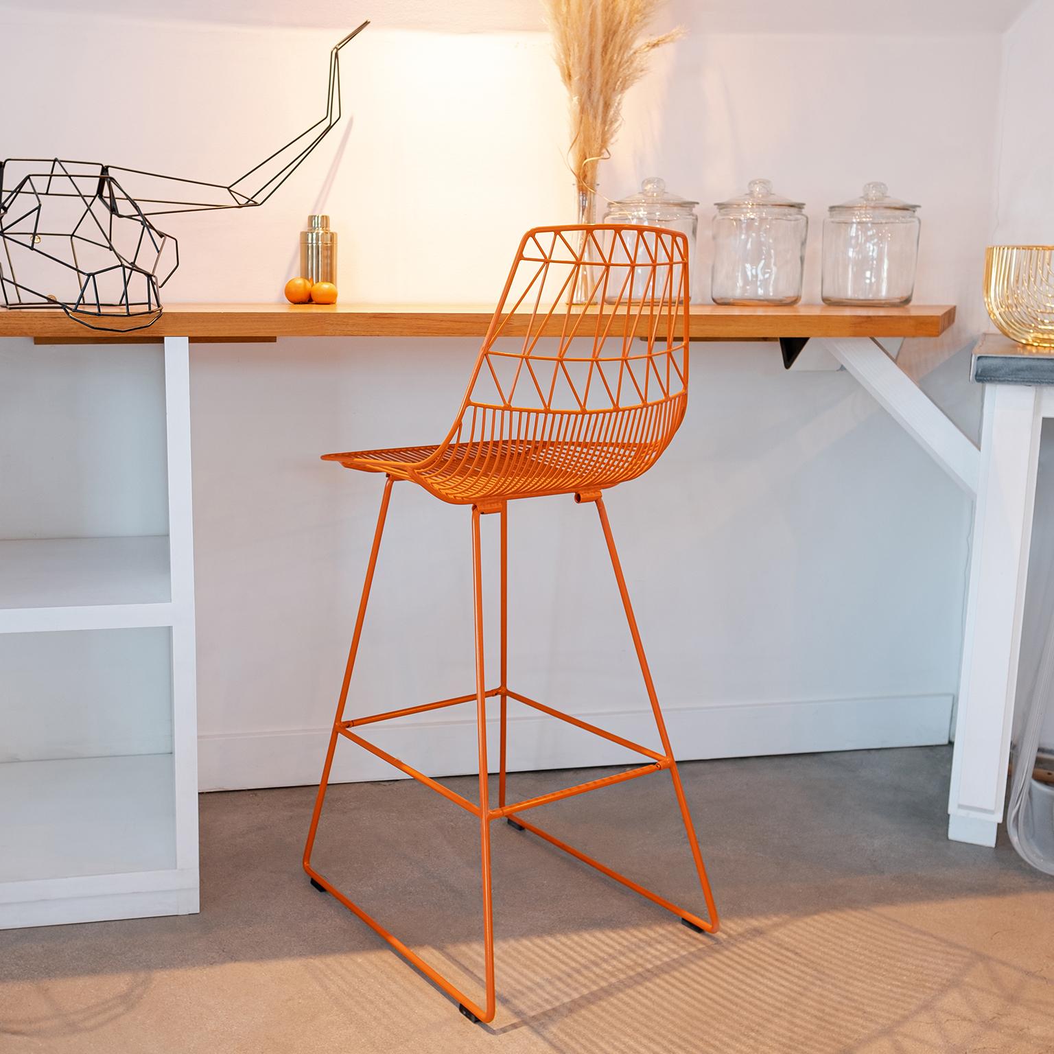 Galvanized Mid-Century Modern, Minimalist Wire Bar Stool, in Orange by Bend Goods