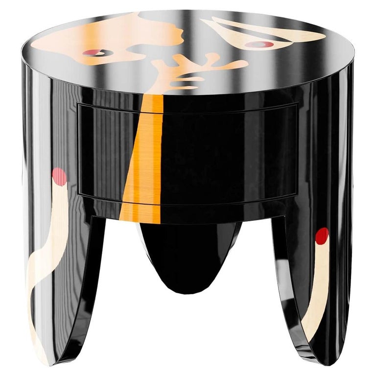 MidCentury Modern Miró Inspired Round Bedside Table Black Yellow Wood