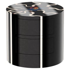 Mid-Century Modern Miró Inspo Round Bedside Table Drawers Black Wood Marquetry