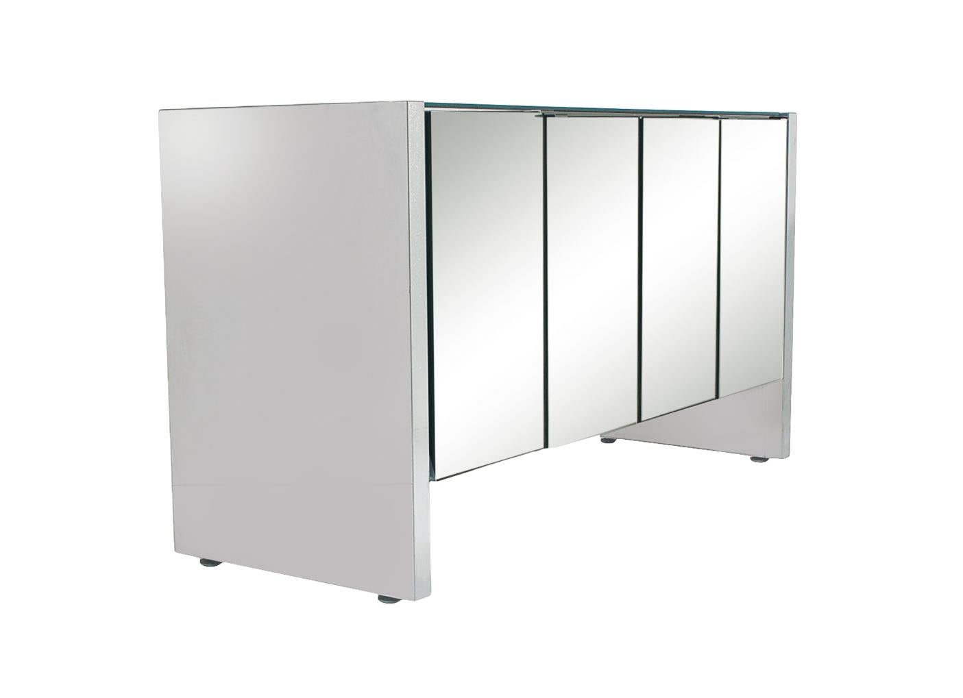 American Mid-Century Modern Mirror and Chrome Four Door Cabinet or Credenza For Sale