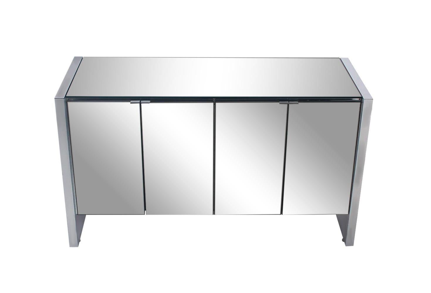 Late 20th Century Mid-Century Modern Mirror and Chrome Four Door Cabinet or Credenza For Sale