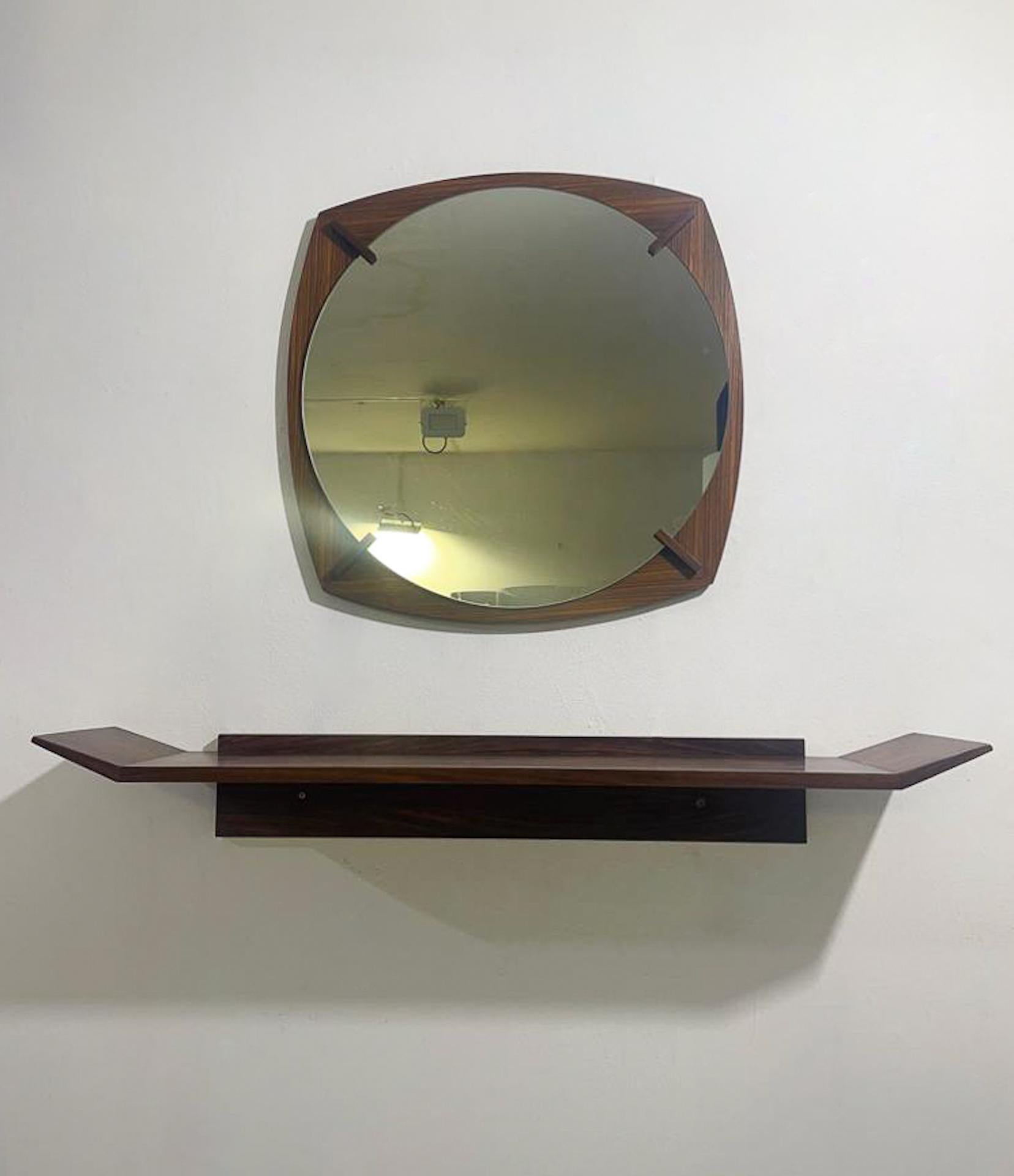 Mid-Century Modern Mirror and Console Set, Wood, Italy, 1960s

Mirror : 64,5 x 64,5 cm 

