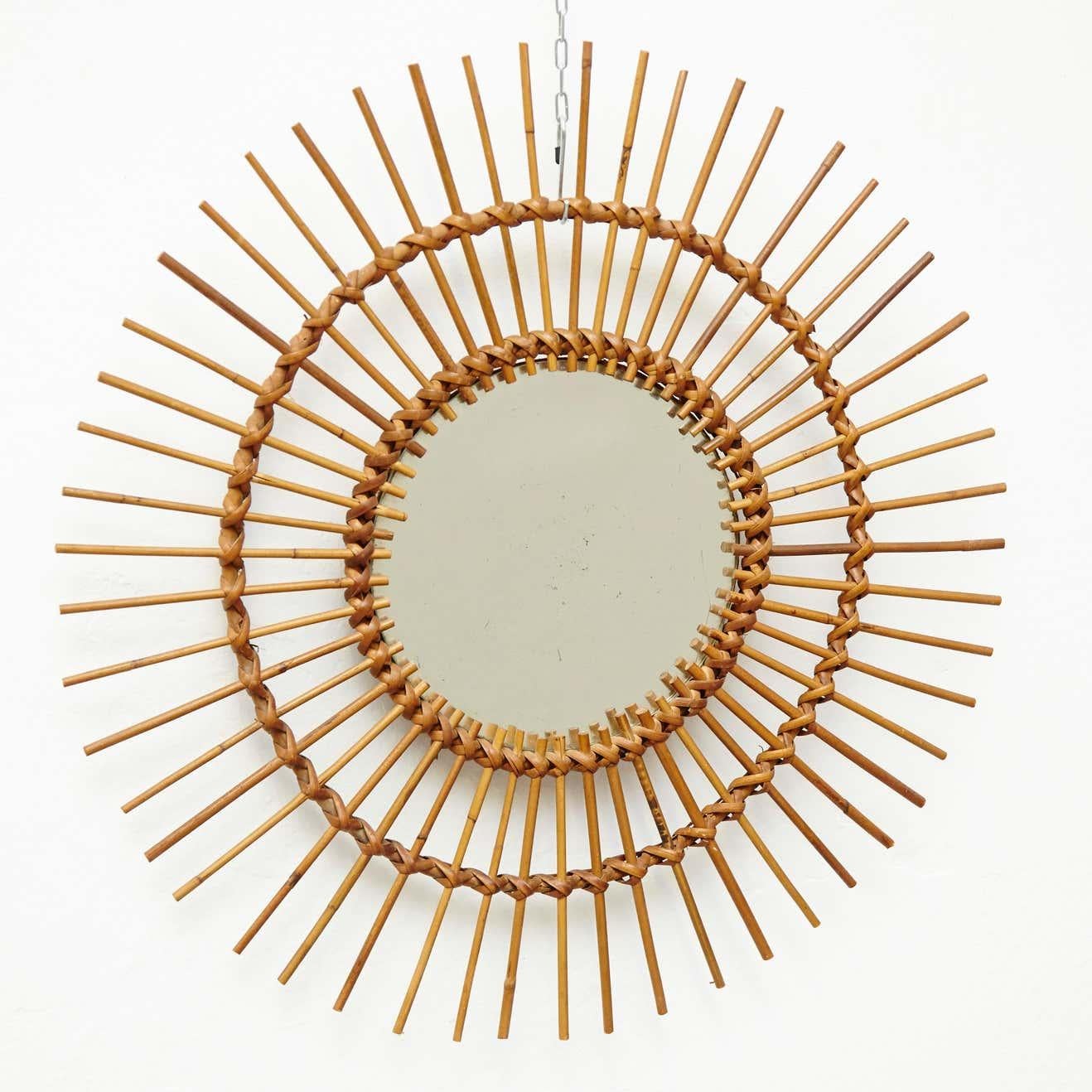 French Mid-Century Modern Mirror Bamboo Rattan Handcrafted, circa 1960 For Sale