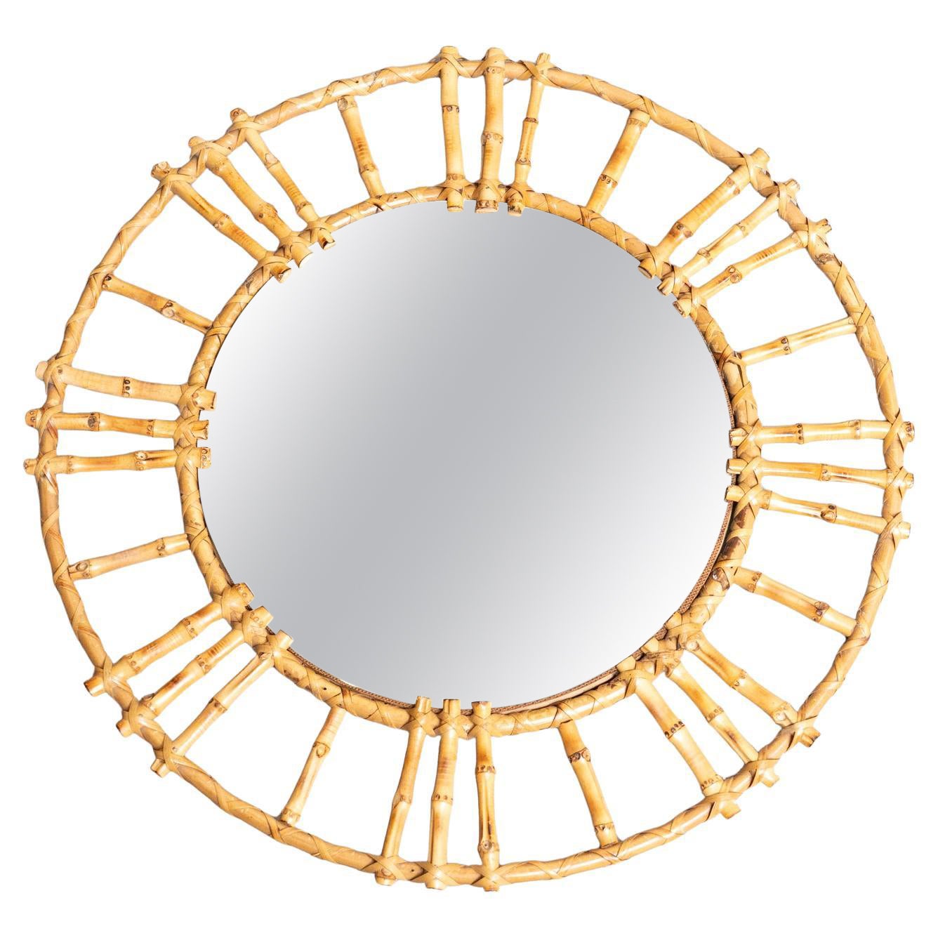 Mid-Century Modern Mirror Bambus Rattan Handcrafted, um 1960