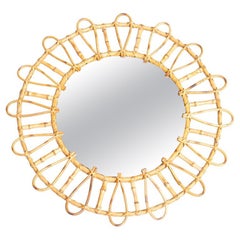 French Handcrafted Bamboo Sunburst Wall Mirror, circa 1960