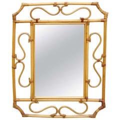 Mid-Century Modern Mirror Bamboo Rattan Handcrafted French Rivera, circa 1960