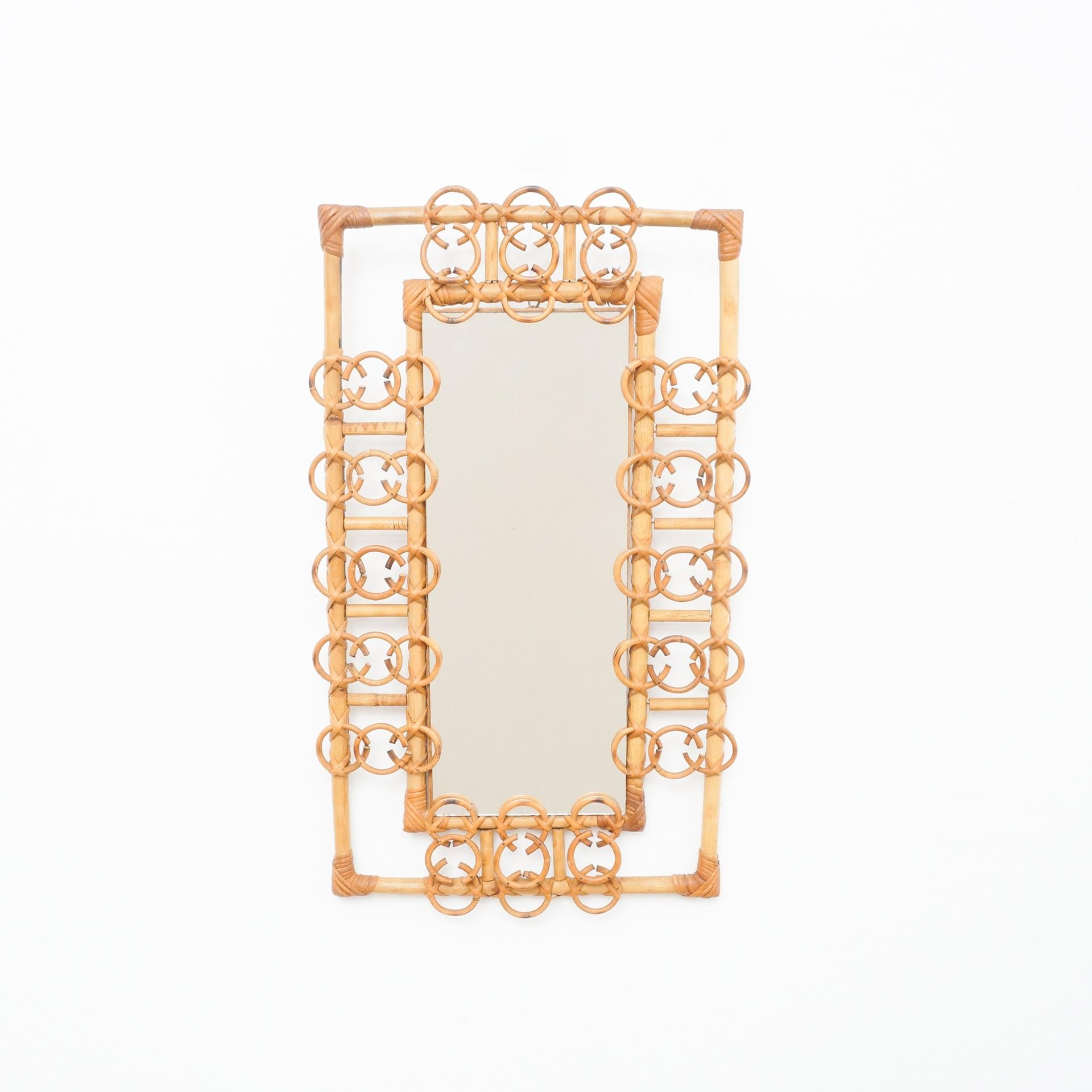 Spanish Mid-Century Modern Mirror Bamboo Rattan Handcrafted French Riviera, circa 1960 For Sale