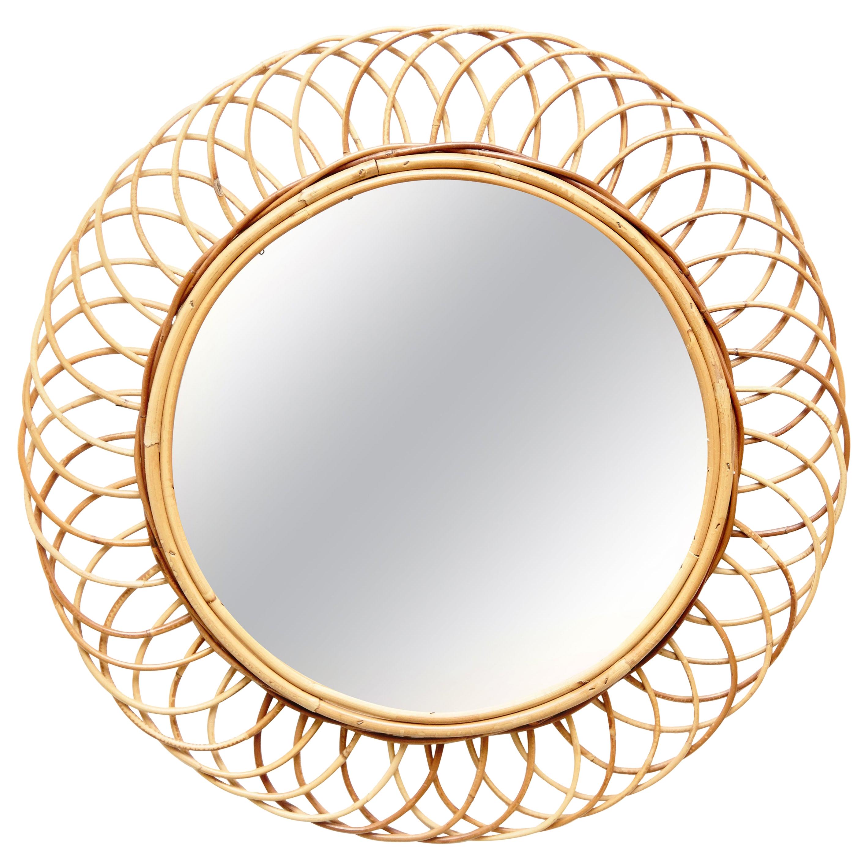 Mid-Century Modern Mirror Bamboo Rattan Handcrafted French Riviera, circa 1960 For Sale