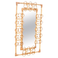 Mid-Century Modern Mirror Bamboo Rattan Handcrafted French Riviera, circa 1960