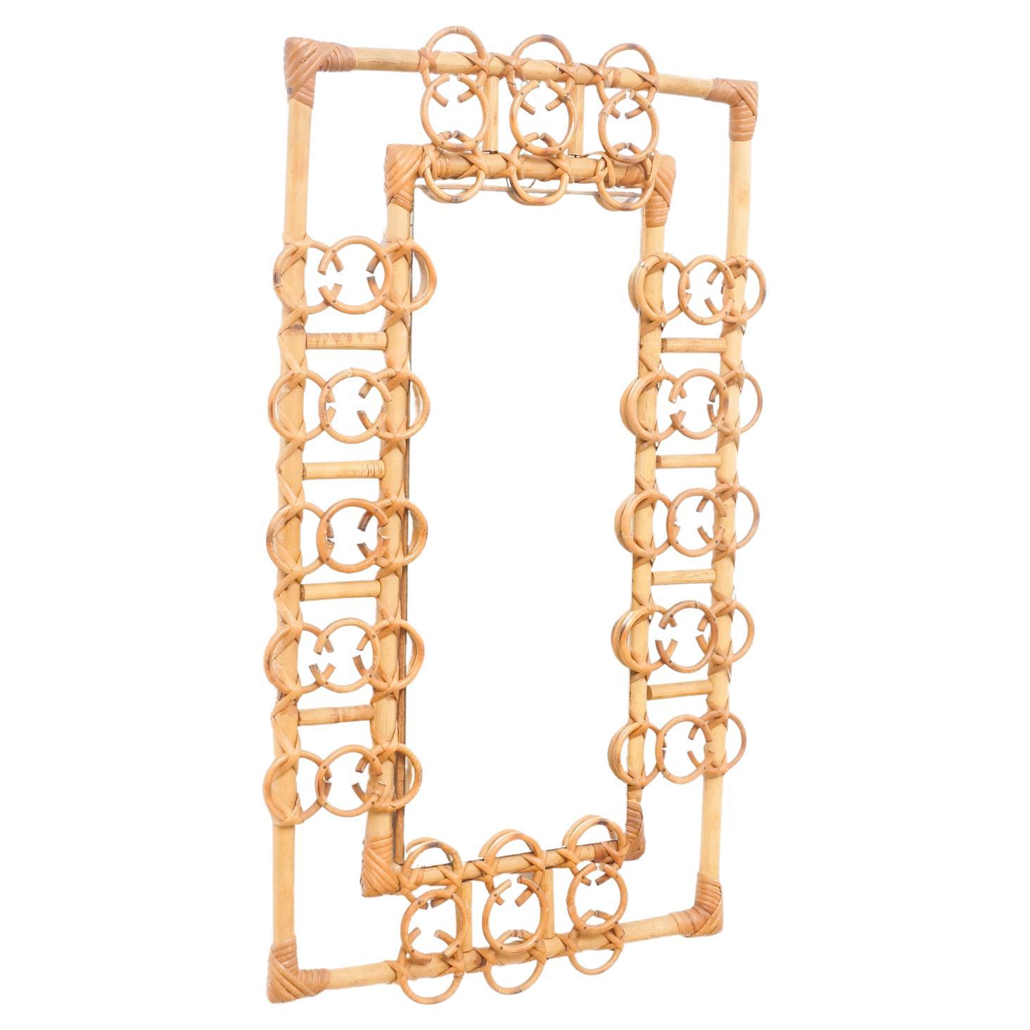 Mid-Century Modern Mirror Bamboo Rattan Handcrafted French Riviera, circa 1960 For Sale