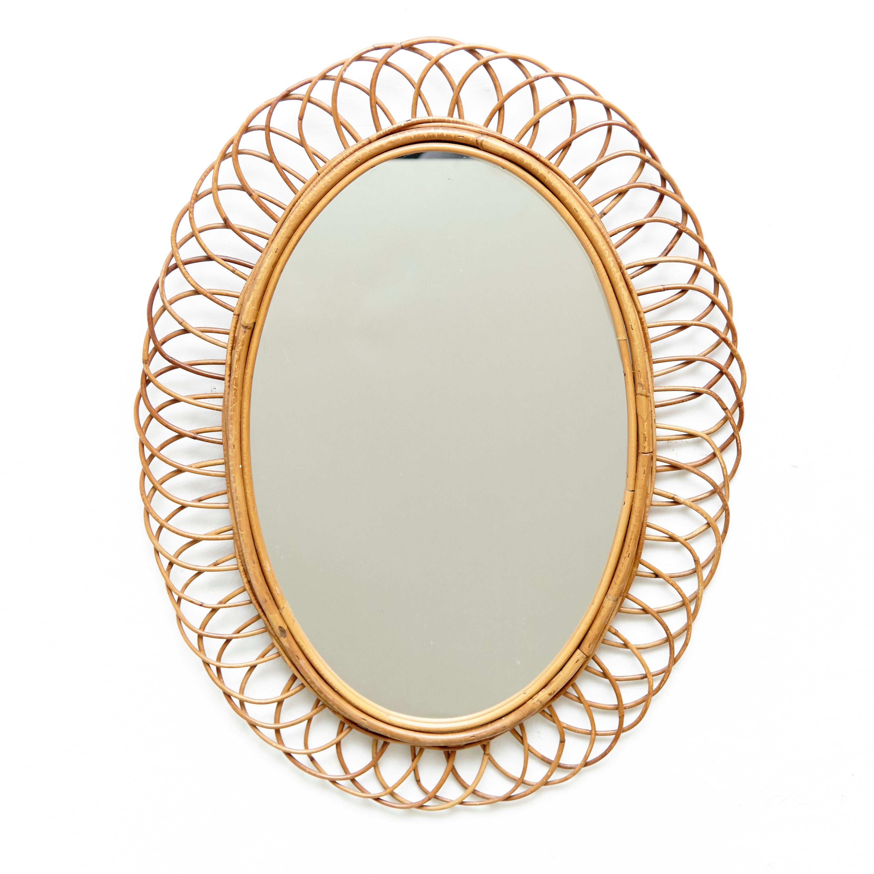 Spanish Mid-Century Modern Mirror Bamboo Rattan Handcrafted French Riviera, circa 960