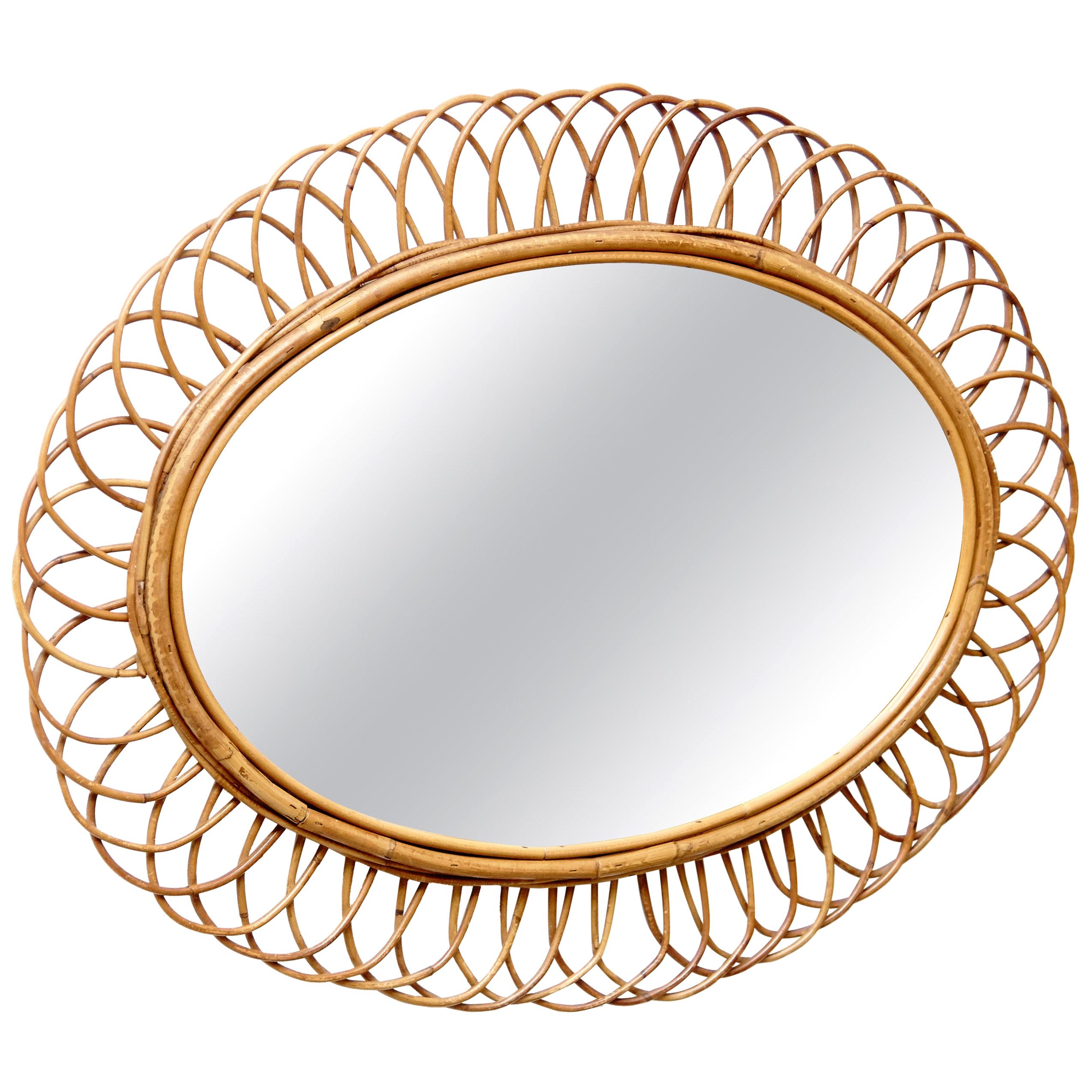 Mid-Century Modern Mirror Bamboo Rattan Handcrafted French Riviera, circa 960 For Sale