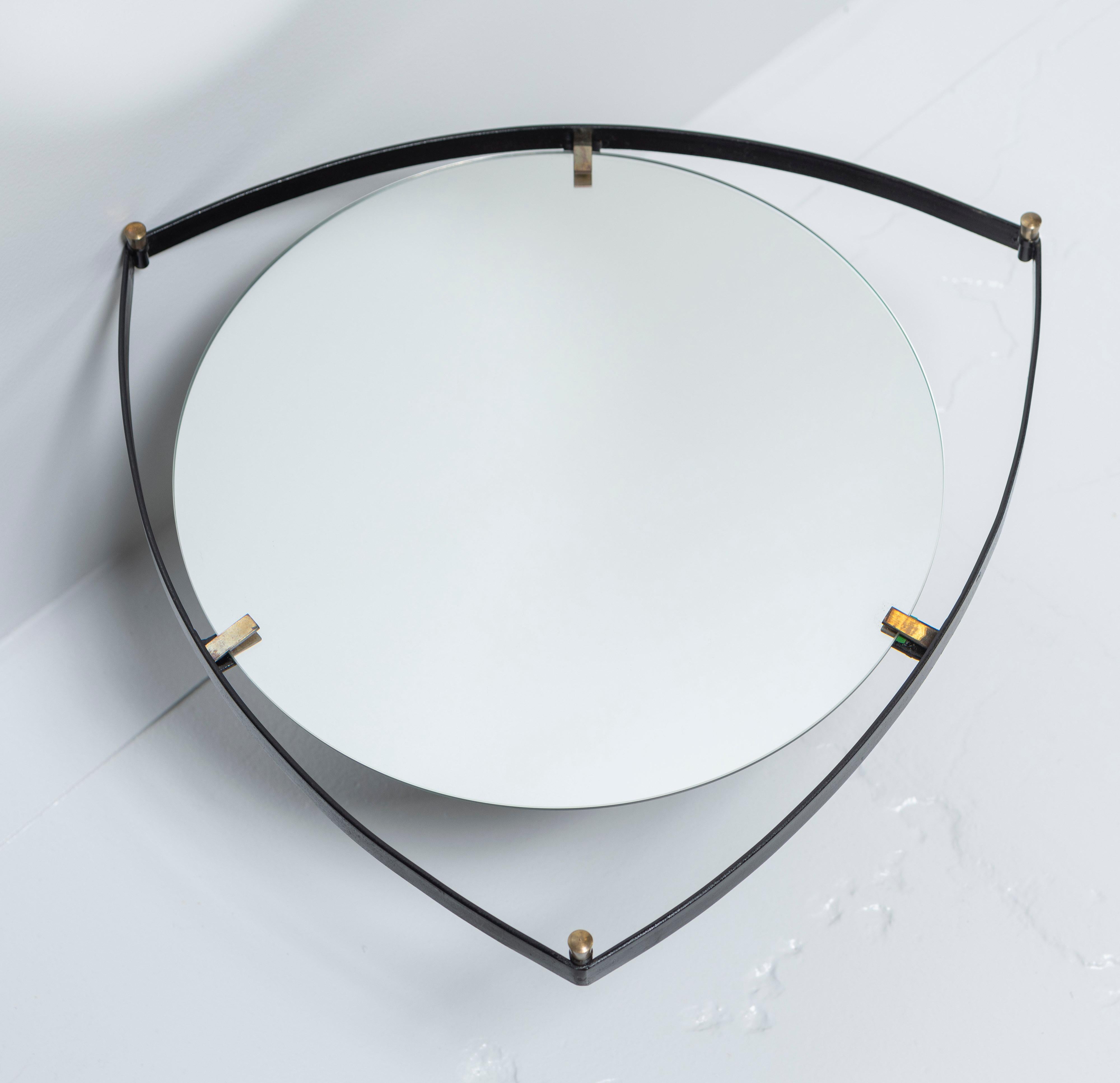 European Mid-Century Modern Mirror from Italy, Metal Frame with Brass Details For Sale