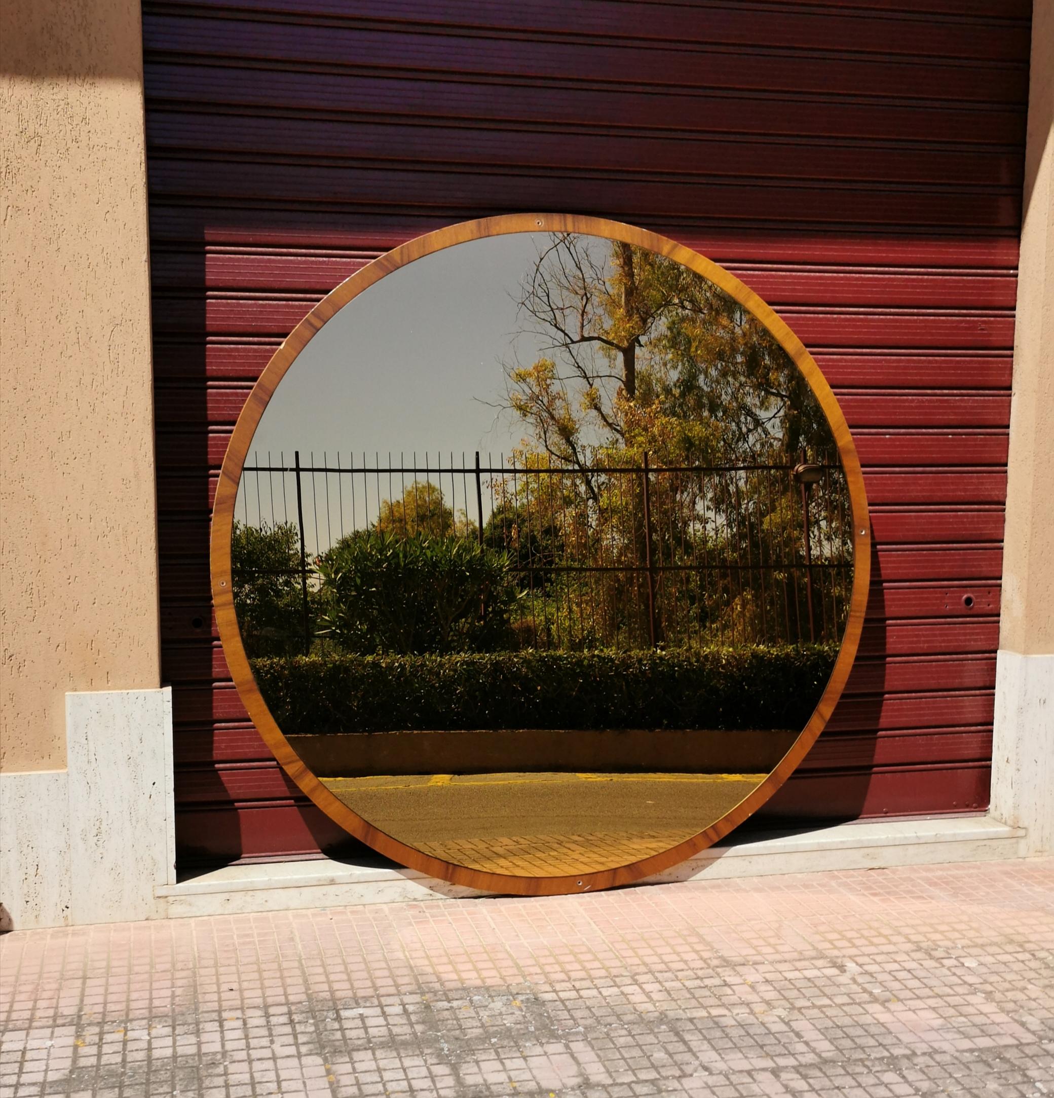 Mid-Century Modern Midcentury Wall Mirror Wood Bronzed Glass Round Large Italian Design 1970s