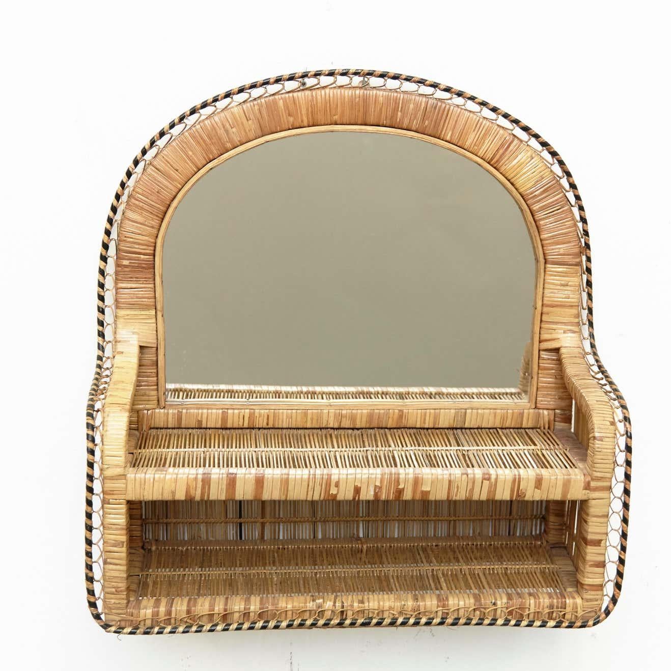 Spanish Mid-Century Modern Mirror Rattan Handcrafted French Riviera, circa 1960 For Sale