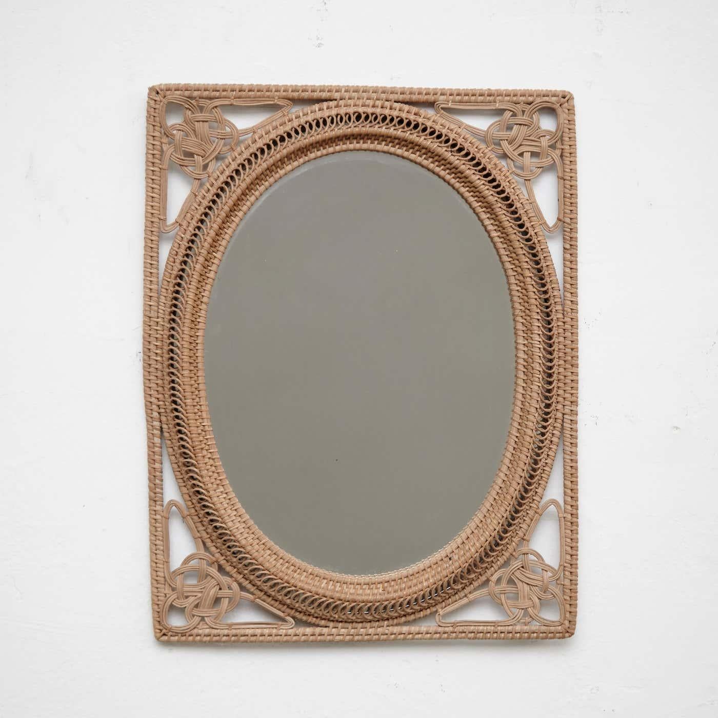 Spanish Mid-Century Modern Mirror Rattan Handcrafted French Riviera, circa 1960 For Sale